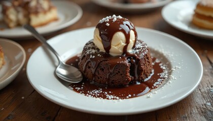 A small, round chocolate lava cake with vanilla ice cream on top, drizzled in fudge sauce and melting into the center of its white plate. A spoon is sitting next to the food