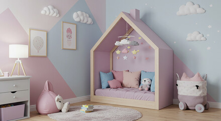 Pastel colored kids room with house shaped bed and cloud decorations on the wall and ceiling