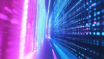 Abstract digital corridor with vibrant neon lights and glowing data streams
