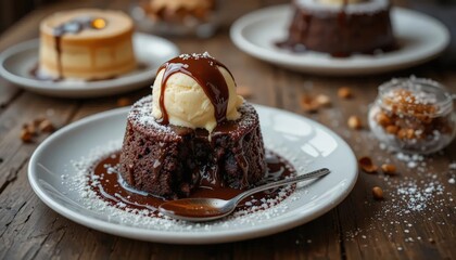 A small, round chocolate lava cake with vanilla ice cream on top, drizzled in fudge sauce and melting into the center of its white plate. A spoon is sitting next to the food