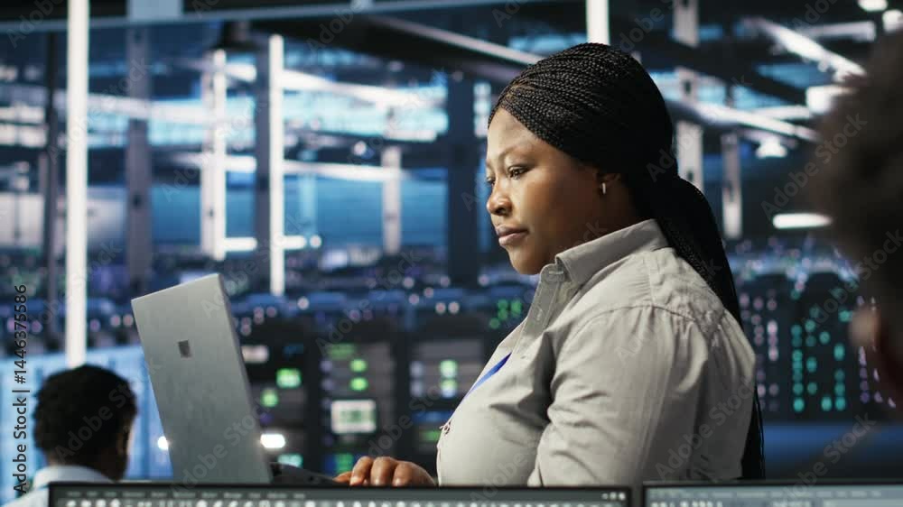 Poster portrait of joyous server hub technician using ai visualization insights to optimize system health. 
