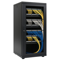 Industrial grade black server cabinet displaying vibrant network cables, patch panels, and connectivity hardware.