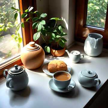 Uma cozinha caseira pela manh&atilde;: uma mesa com caf&eacute; da manh&atilde; pronto, p&atilde;o fresco, uma x&iacute;cara de caf&eacute; fumegante, luz entrando pela janela, plantas pequenas no parapeito, ambiente acolhedor e despojado.