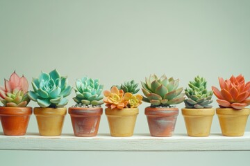 Obraz premium A row of colorful succulents in small terracotta pots, adding a touch of nature to any space.