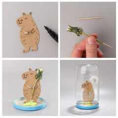 Four-panel collage showing step-by-step handmade capybara craft with flower stem and glass jar, ideal for kids DIY education, storytelling visuals, eco brands, creative workshops,