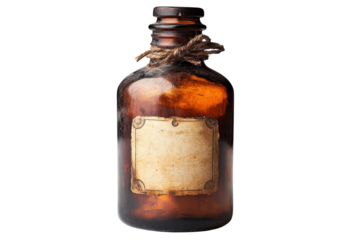Antique apothecary bottle aged glass blank label twine tied dark amber hue vintage charm mysterious