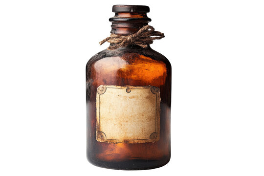 Antique apothecary bottle aged glass blank label twine tied dark amber hue vintage charm mysterious