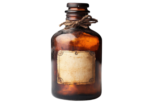 Antique apothecary bottle aged glass blank label twine tied dark amber hue vintage charm mysterious