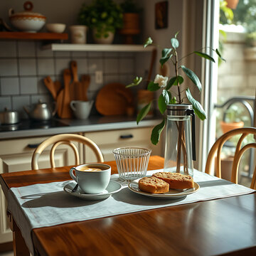 Uma cozinha caseira pela manh&atilde;: uma mesa com caf&eacute; da manh&atilde; pronto, p&atilde;o fresco, uma x&iacute;cara de caf&eacute; fumegante, luz entrando pela janela, plantas pequenas no parapeito, ambiente acolhedor e despojado.