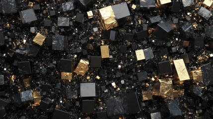 A dense accumulation of black and gold cubes, varying in size and texture, creates a visually striking, abstract composition