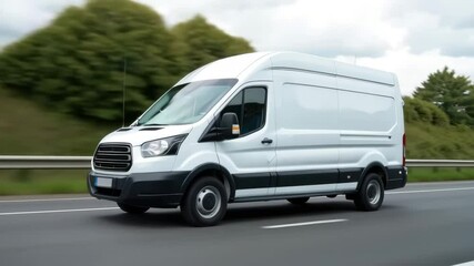 A white delivery van speeds down a highway on a cloudy day. Concept of cargo transportation.