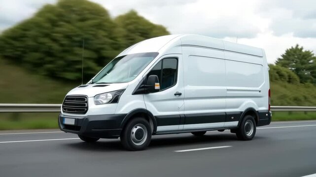A white delivery van speeds down a highway on a cloudy day. Concept of cargo transportation.