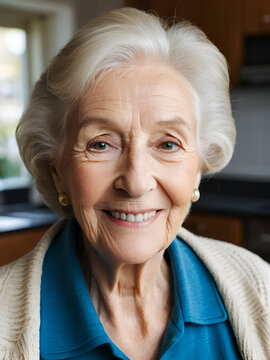 Portrait ninety two year old white caucasian senior woman at home looking at camera and smiling.