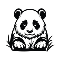 Stylized Panda Bear Sitting on Grass in Black and White Silhouette Style