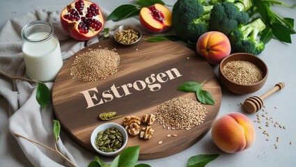 Hormone Harmony: A Rustic Flat-Lay of Estrogen-Boosting Foods with Elegant Typography