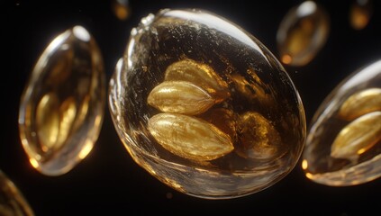 Golden capsules containing seeds float in dark space