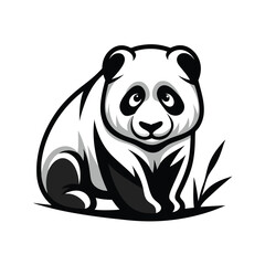 Cartoon Panda Sitting on Grass Patch, Cute Bear Mascot With Black and White Fur Design
