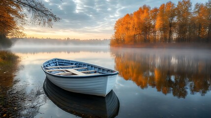 A fishing boat on a calm lake at dawn, surrounded by trees