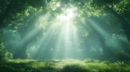 Obraz premium Sunlight Filtering Through Lush Forest Canopy Illuminating Greenery and Creating a Serene Atmo