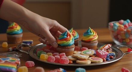 A hand picking a rainbow cupcake from a tray filled with candy, perfect for a party setting.