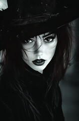 Elegant witch in city, cinematic noir style. AI generative