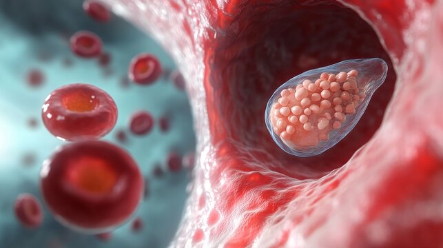 Microscopic view of Trypanosoma parasite in blood vessel affecting red blood cells human health disease