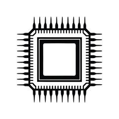 Black & White Computer Chip, Microchip Silhouette With Pins, Square Center Shape Isolated