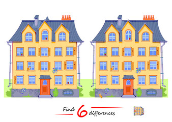 Find 6 differences. Illustration of the cute house with windows. Logic puzzle game for children and adults. Page for kids brain teaser book. Flat vector drawing.