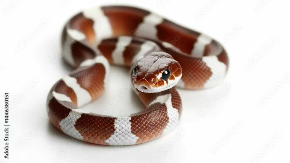 Poster a close-up view of a snake's head and body on a white background