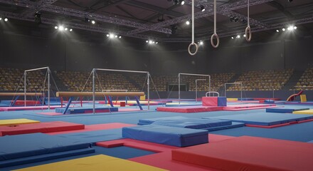 A gymnasium with various gymnastics equipment including rings and balance beams in the arena hall