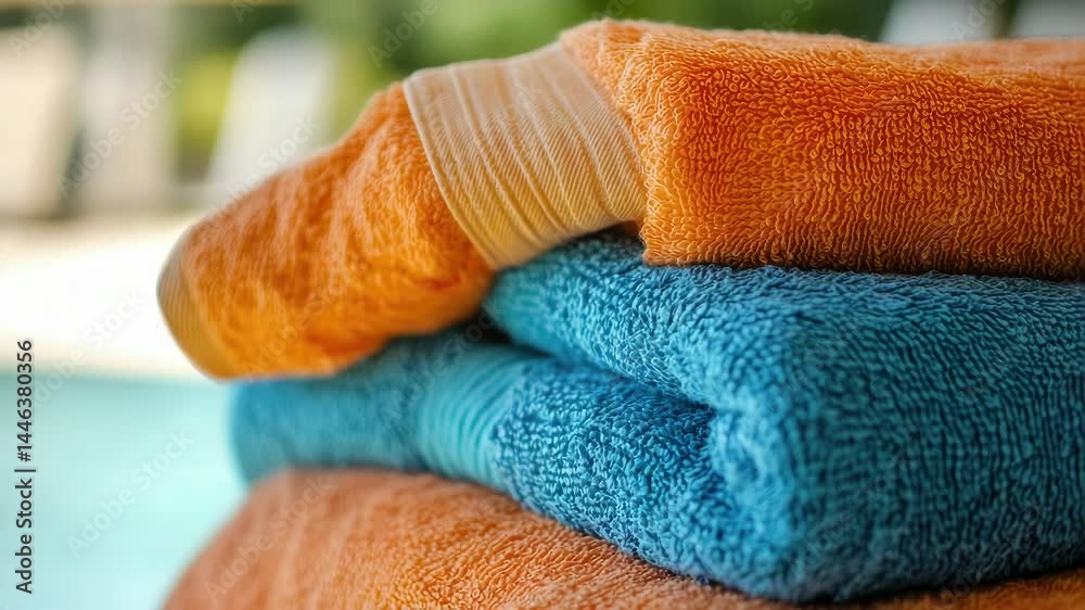 Poster a stack of colorful towels situated next to a swimming pool, perfect for a beach or spa scene