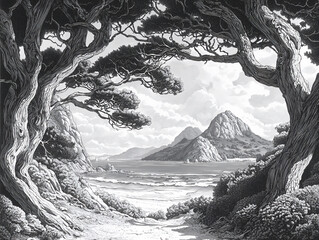 pen and ink illustration of a serene mountain vista