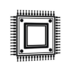 Black and White Silhouette of Microchip with Pins on White Background Isolated