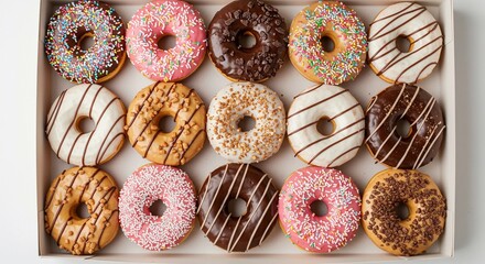 An overhead shot of a box filled with assorted donuts with colorful toppings and different icings