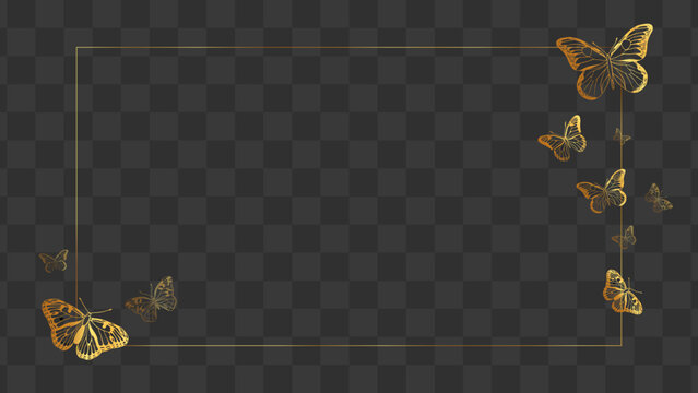 Golden shine frame with butterflies around. Luxury gold frame design element sparkles with transparent background 