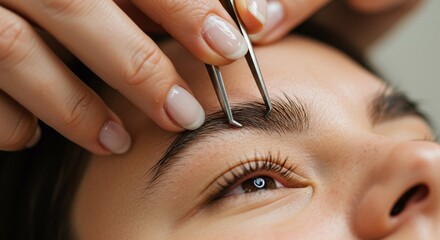 A close up of a person getting their eyebrows tweezed by a professional with manicured nails
