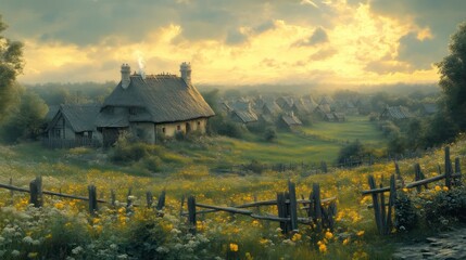 Charming Village at Sunset with Thatched Roofs and Wildflowers Rustic Countryside Scene Golde