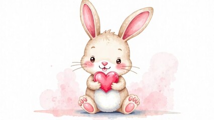 Watercolor rabbit with a heart in his hands on a white background, postcard with love.