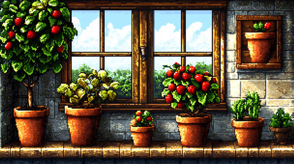 Obraz premium pixel art of stylized coffee plants, warm 8-bit colors, simple pixelated leaves and cherries