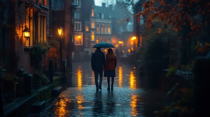 Romantic Evening Walk Under the Rain with Warm Street Lights