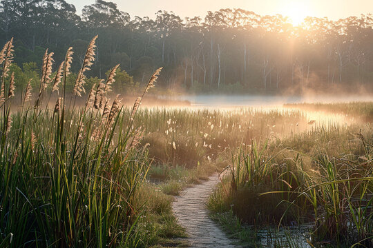 Tranquil daybreak scene in marsh showcases misty wetlands, tall grasses, and gentle morning sun, creating an ethereal and mystical tapestry of beauty and stillness  