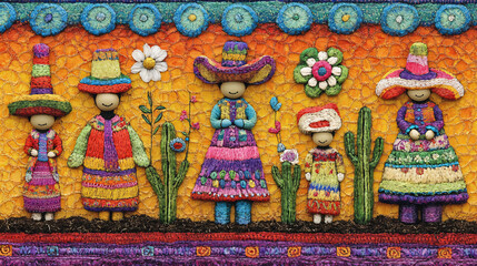 Vibrant Mexican Folk Art: Colorful Women Figures in Traditional Dresses with Cacti and Flowers for Scenic Home Décor