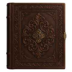 An old, ornate brown leather book with deeply embossed patterns and a prominent decorative metal clasp.