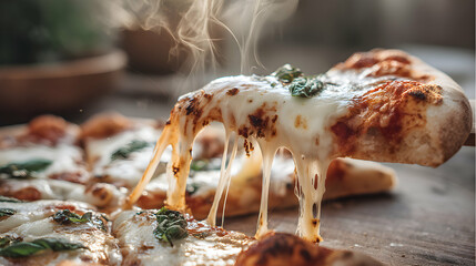 Pizza slice with melting mozzarella delicious Italian pizza on wood surface