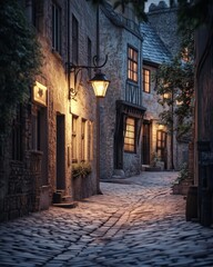 Fototapeta premium Charming cobblestone alley illuminated by lanterns in a historical village at dusk