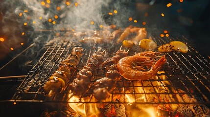 Grilled seafood and meat skewers on a hot barbecue grill.