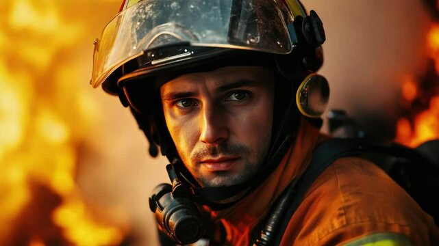 A person wearing a firefighter's uniform and helmet, ready for action