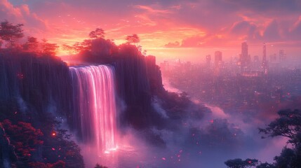 Waterfall cascading off of cliffs with distant cityscape at dusk under pink sky; birds in flight in peaceful vista on a transparent background, PNG image, PNG file.