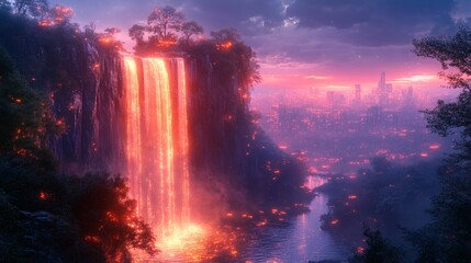 Majestic glowing waterfall cascading near a distant cityscape during sunset, with lush foliage and a tranquil river below on a transparent background, PNG image, PNG file.