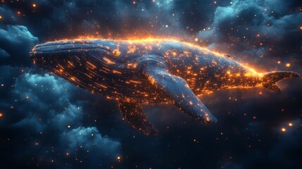 Glowing whale floats among starry clouds, adorned with circuit patterns, shimmering and illuminating space with warm light on a transparent background, PNG image, PNG file.
